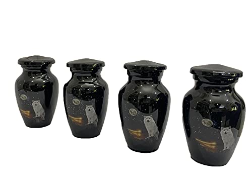 HLC URNS White Wolf Night Full Moon Keepsake Urn Set of 4 - Cremation Urns for Human Ashes With Velvet Box & Bags - Mini Affordable Keepsake (3 cu.in)