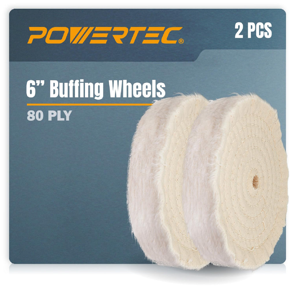 POWERTEC 71630 6-Inch Extra Thick Spiral Sewn Buffing Wheel, Cotton (80 Ply) w/ 1/2" Arbor Hole, 2PK 6 inch 2 PCS White Buffing Wheel