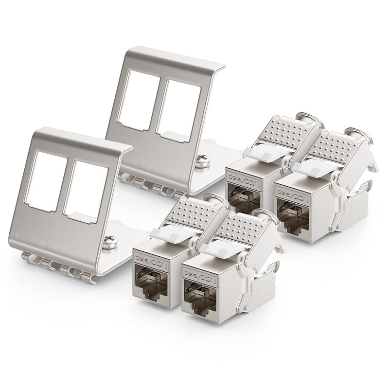 deleyCON CAT6a Keystone Jack Module 2-Port DIN Rail Adapter, Pack of 4 | Set with 2 x 2-port adapters, metal, STP shielding, RJ45 socket, 10 Gbit/s network, snap-in mounting, 35 mm DIN rail 4x Keystone + 2x Halter