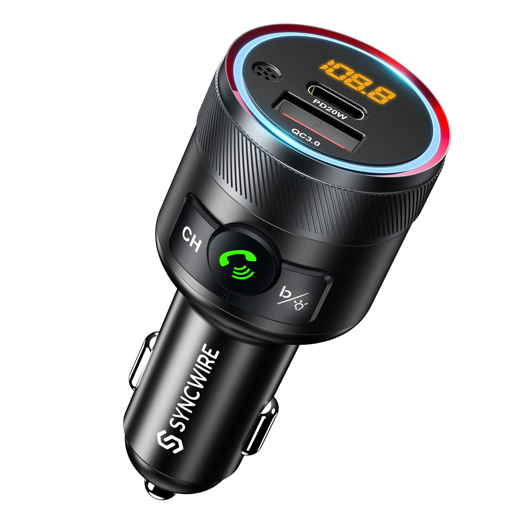 [Australia - AusPower] - Syncwire Bluetooth 5.3 FM Transmitter for Car, 38W PD&QC3.0 Dual USB Charging Bluetooth Car Adapter Microphone & Bass Sound MP3 Music Player FM Car Kit with Hands-Free Calling Black 