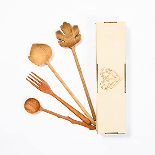 JABIHOME 4 Wooden Spoons and Forks Set, Thanksgiving Gifts for Women