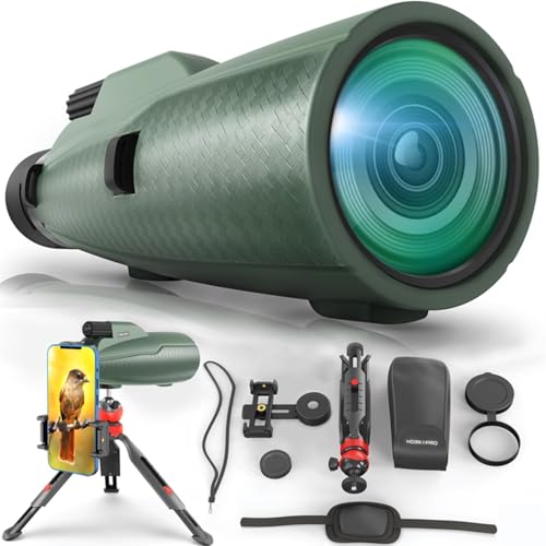 Monocular Telescope - 12x56 High Powered, Compact, Dust-Proof, Waterproof, Handheld Scope with Smartphone Adapter and Metal Tripod - Ideal for Hunting, Stargazing, Birdwatching, and Outdoor Adventures Green Monocular 12 x 56