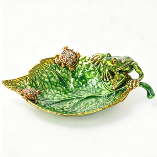 Hand-painted enamel leaf trinket dish featuring a frog and turtle design, ideal for jewelry or rings, by SEVENBEES.