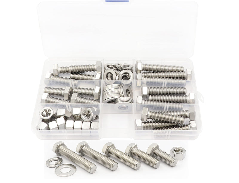 [Australia - AusPower] - LBY 60pcs Hex Bolts Nuts Flat Spring Washers Assortment Kit, 3/8-16 × (1" ~ 2") Hex Bolts, 5 Sizes (with Nuts and washers), 304 Stainless Steel (Silver) 