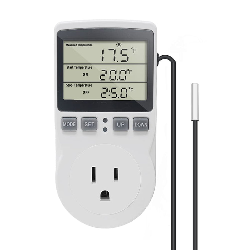 Digital Thermostat Plug Socket Temperature Controller Outlet 3m Probe 120V 15A 1800W C F Heating Cooling Control for Incubator Brewing Incubator Greenhouse Terrarium Heat Mat KT3100 No backlight