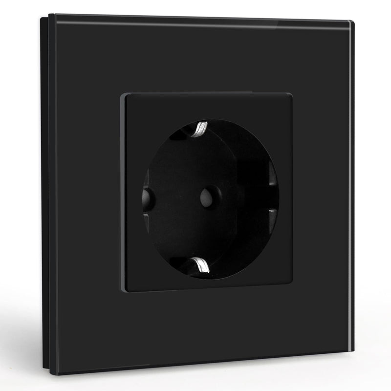 BSEED Schuko Socket, Single Crystal Glass Plate Socket, Flush-Mounted, 16 A, 86 mm Extension, Black 1-gang