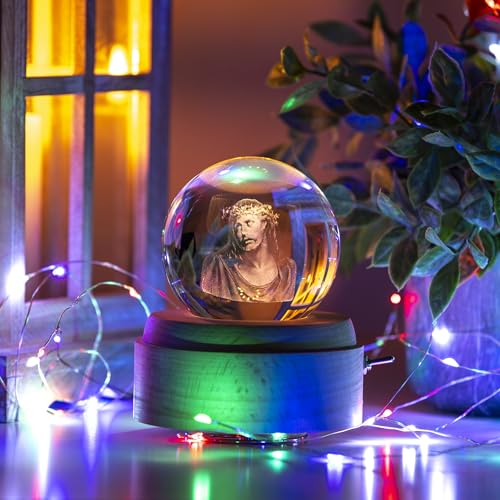 GETI 3D Crystal Ball Music Box Luxurious LED Projection Rotating Wood Base Rechargeable San Judas Tadeo, Virgin Mary for Adults and Kids Plays Spirited Away (Jesus Cristo (Jesus Christ))