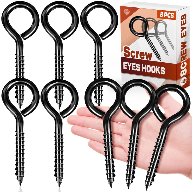 [Australia - AusPower] - 5 Inch Stainless Steel Screw Eyes, 8 Pack Eye Bolt Lag Screw, Black Eye Hooks Screw for Wood, Self Tapping Eyelet Screws Eye Bolts, Securing Cables Wires, Sturdy Hanging Hooks for Indoor & Outdoor 