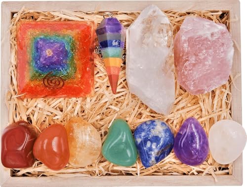 Crystals and Healing Stones Premium Kit Wooden Gift Box, Chakra Pyramid Chakra Pyramid Collection