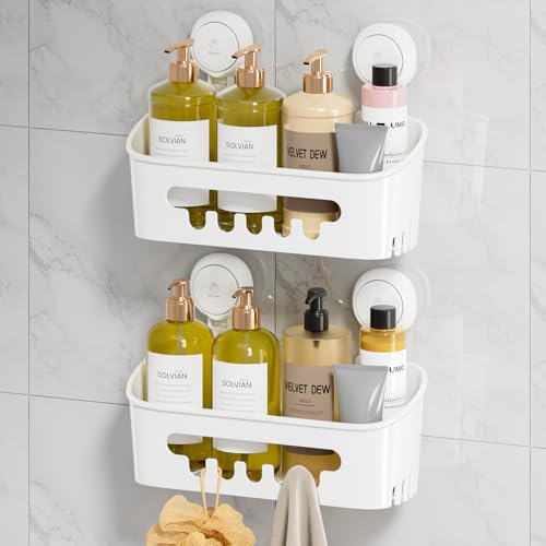 LEVERLOC Shower Caddy Suction Cup 2 Pack, Shower Organizer Removable Bathroom Shelf, Storage Suction Powerful Max Hold 22lbs Bathroom Caddy Waterproof Holder, White