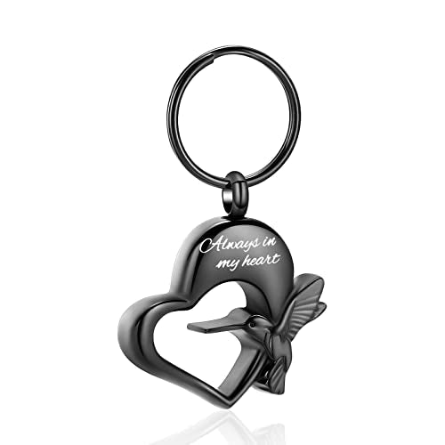 Yinplsmemory Hummingbird Cremation Keychain for Ashes Holder Always in My Heart Urn Locket Pendant Keychain Urn for Women/Men Black