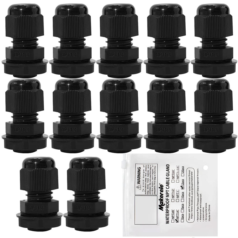 [Australia - AusPower] - MAKERELE Plastic Strain Relief Cord Connector Adjustable 3-6.5mm Cable Gland(1/4 NPT, 12pcs) 1/4" 12pcs BAG Black 