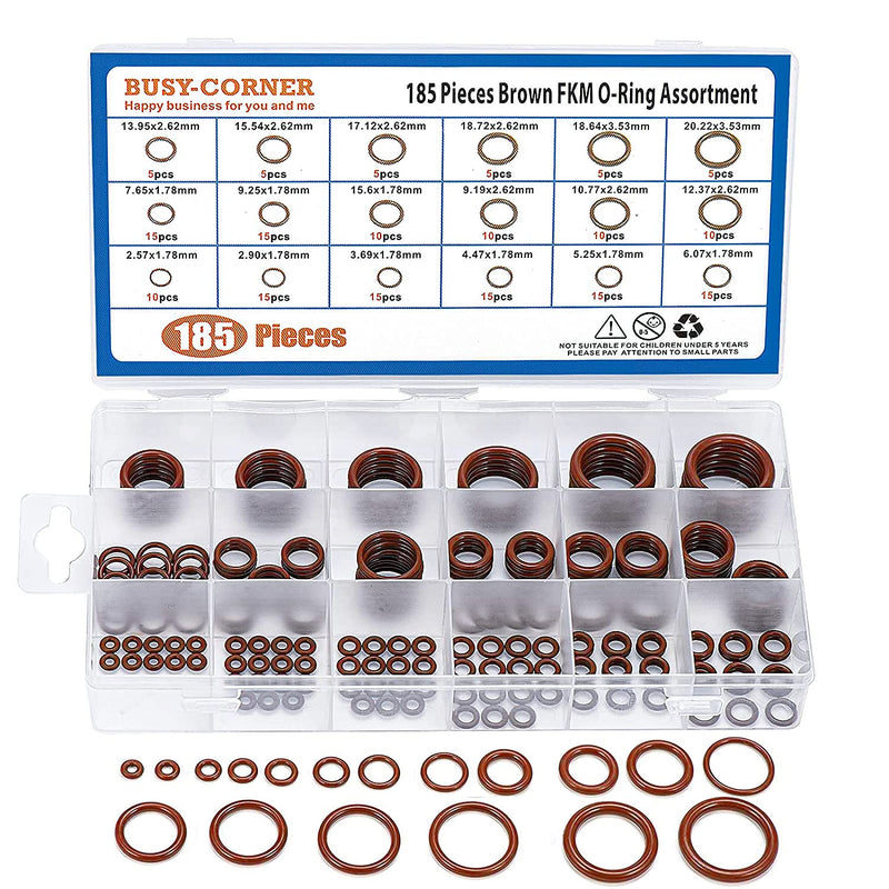 [Australia - AusPower] - BUSY-CORNER 185 Pieces FKM Brown O-Ring Kit,75A Durometer,18 Kind AS-568 Standard Sizes,ID 2.57mm-20.22mm Thickness 1.78mm 2.62mm 3.53mm 