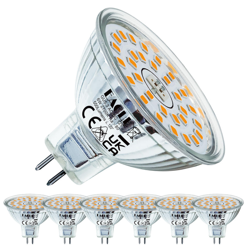 EACLL GU5.3 LED Warm White 6 W Replaces 50 W Halogen MR16 Bulb, Pack of 6, 550 Lumen 2700 K Bulb, AC/DC 12 V Flicker-Free Spotlight, Beam Angle 120° Spot, Not Dimmable Diameter 50 x H 45 mm Reflector Lamp 2700 K Warm White Light 6 pcs (pack of 1) 6w