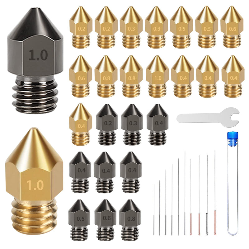 3D Printer Nozzles, 30PCS Hardened Steel and Brass MK8 Extruder Nozzles 0.2mm, 0.3mm, 0.4mm, 0.5mm, 0.6mm, 0.8mm, 1.0mm with Cleaning Tool Kit for CR-10/ Ender 3/5, Ender 3/ V2 Ender3 pro Hardened Steel + Brass