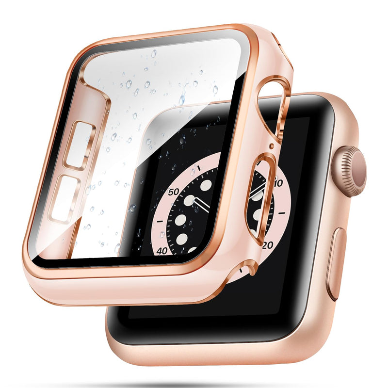 [Australia - AusPower] - top4cus 40mm Case Compatible with Apple Watch, with Built-in Tempered Glass Screen Protector, PC Cover for iWatch Series 9/8/7/SE 2rd SE 6 5 4/3 2 for Choice (40mm, Pink + Rose Gold Edge) 
