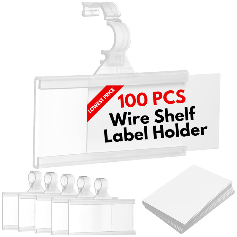 Reusable Plastic Wire Shelf Label Holder, for Pantry Retail Shopping Mall Store, Supermarket UPC Price Card & Ticket Display, Strong & Easy Clip Design Tight Snap Lock Closure. 1-1/4" H X 3" W (100) 100