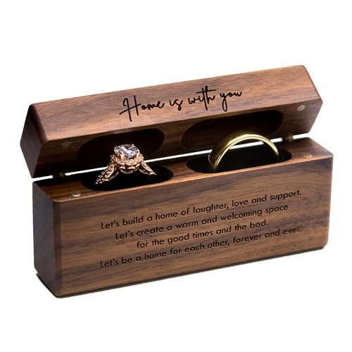 MUUJEE Double Ring Box - Engraved Slim Wooden Ring Case Box for Wedding Ceremony Engagement Proposal Ring Bearer Box - Anniversary Birthday Gift Ideas (Home Is With You) Home Is With You