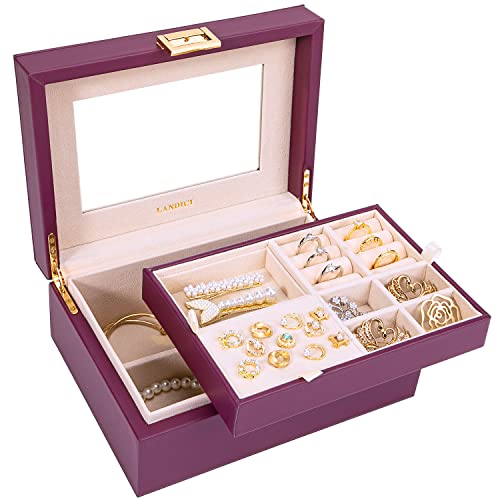 LANDICI purple 2-layer leather jewelry box with mirror, designed for organizing rings, necklaces, and jewelry accessories.