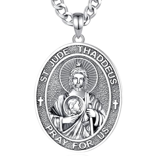 INFUSEU Saint Jude Necklace for Men St Jude Pendant San Judas Tadeo Curb Chain Catholic Medallions Christian Religious Gifts Women Protection Jewelry Guardian Angel Spiritual Amulet