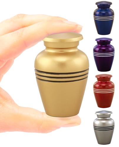 Serenity Keepsake Urn for Human & Pet Ashes – Mini Cremation Urn with Velvet Bag & Funnel – Elegant Metal Memorial Urn with Accent Bands – Small Tribute Urn (Gold) Gold-1