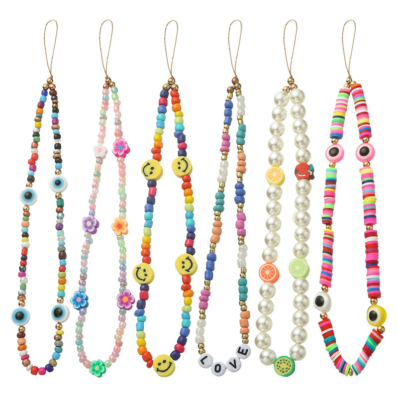 [Australia - AusPower] - Taouzi 6PCS Beaded Phone Lanyard Wrist Strap Face Beaded Phone Charm Fruit Star Pearl Rainbow Color Beaded Phone Chain Strap for Women Girls Style6-1 
