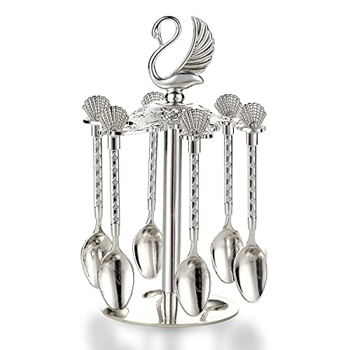 Decorative Swan Base Holder with 6 Spoons, Teaspoons, Coffee Dessert Spoons Set for Fruit, Stirring, Mixing, Sugar, Ice Cream, Cake (Silver) Silver