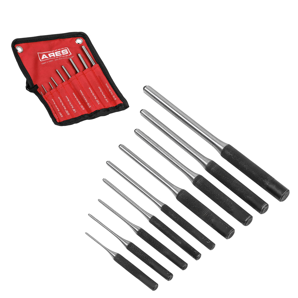 ARES 10021 – 9-Piece Roll Pin Punch Set – Durable Heat Treated and Drop Forged Steel Pin Punches with Pouch -Ideal for Automotive Repair, Gunsmithing, Craft Work, and Jewelry Repair