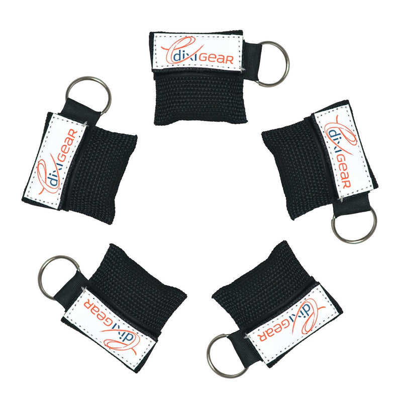 [Australia - AusPower] - Dixie EMS CPR Mask for Pocket or Key Chain, CPR Emergency Face Shield with One-Way Valve Breathing Barrier for First Aid or AED Training, 5 Count - Black 