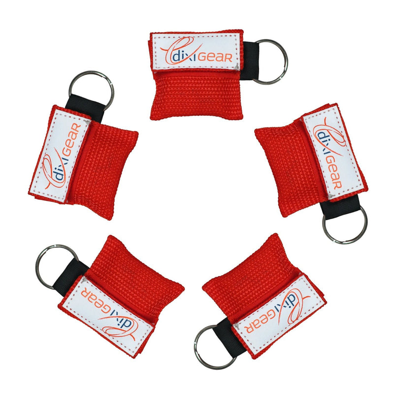 [Australia - AusPower] - Dixie EMS CPR Mask for Pocket or Key Chain, CPR Emergency Face Shield with One-Way Valve Breathing Barrier for First Aid or AED Training, 5 Count - Red 