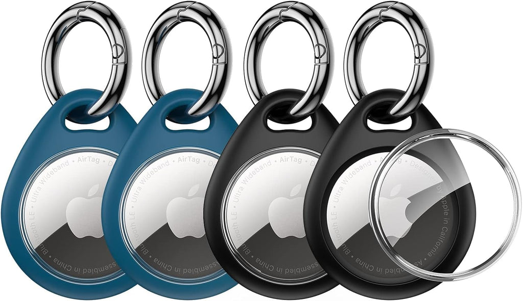 [Australia - AusPower] - UNBREAKcable Apple AirTag Holder - 4 Pack [Fit Tightly Design] [Easy to Install] [Hold Air Tag Securely] Waterproof TPU Shell Protective Case with All Metal Keychain Key Ring Clip Black & Blue 