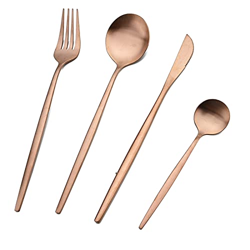 Matte Silverware Set, 24-Piece Satin Finish Stainless Steel Modern Flatware Set Service for 6, Flat Handle Cutlery Set for Home Wedding Gift-Rose Rose Gold