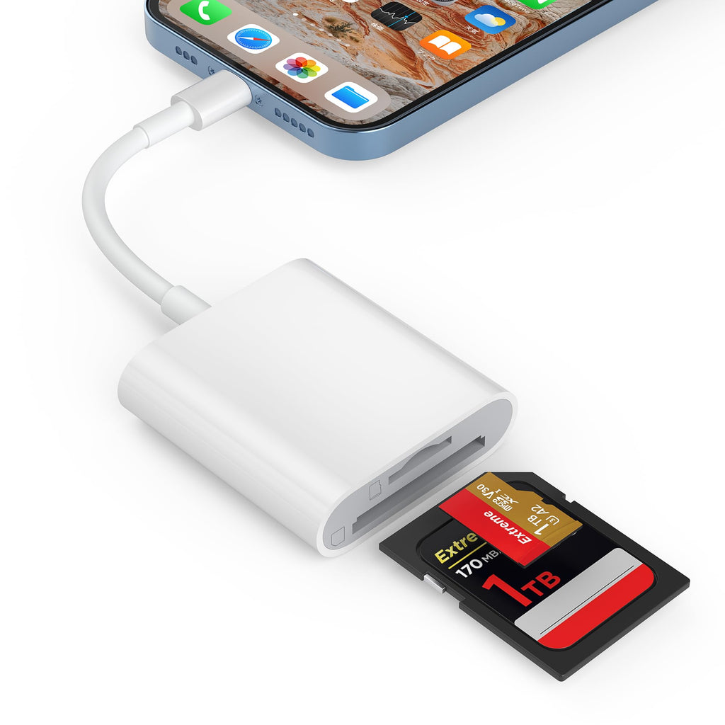 [Australia - AusPower] - SD Card Reader for iPhone, Memory Card Reader with Dual Slot for SD/TF Card Plug and Play Trail Game Camera SD Card Viewer Lightning to MicroSD Card Camera Adapter for iPad No App Required Apple White (SD+TF for Lightning) 