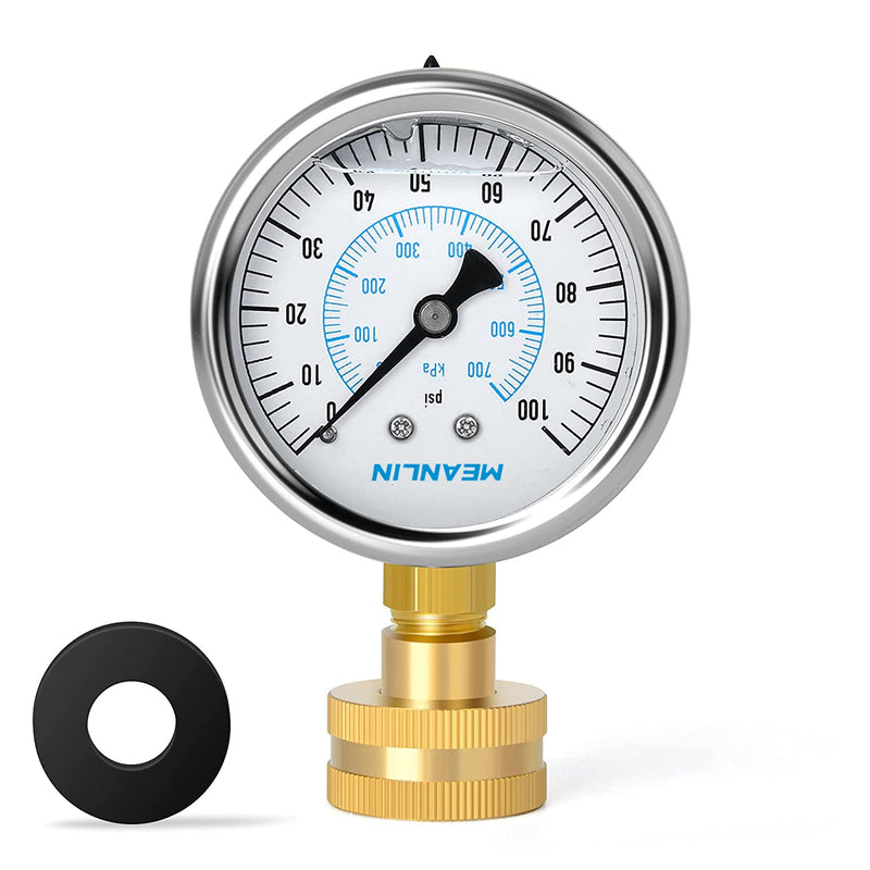 [Australia - AusPower] - MEANLIN MEASURE 0~100Psi Stainless Steel Frame 3/4" Female 2.5" FACE DIAL Liquid Filled Pressure Gauge WOG Water Oil Air Water Pressure Test Table with Sealing Ring 0-100Psi (Liquid Filled) 