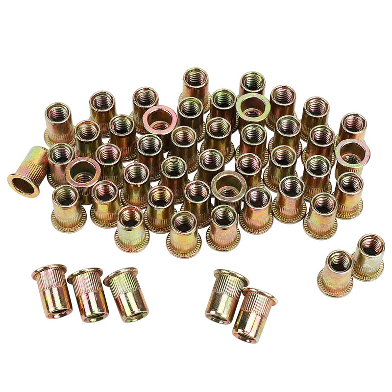 [Australia - AusPower] - 100pcs Carbon Steel 5/16'' Rivet Nut, 5/16''-18UNC Flat Head Rivnut Threaded Insert Nuts Set, 5/16 Rivnut Inserts for Automotive, Furniture, Decoration (Yellow Zinc Plated Finish) 