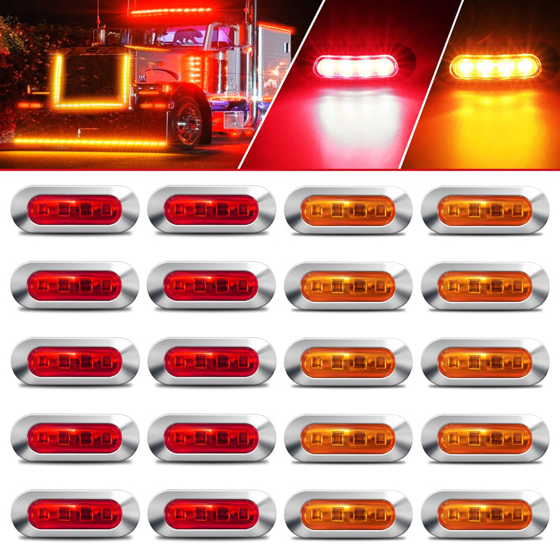[Australia - AusPower] - ALFU 20PCS 10Amber+10Red DC12V-24V LED Side Marker Indicator Lights Trailers Lights Lamp Front Rear Tail Clearance Lamp with Chrome Bezel Universial for Auto Car Bus Truck Lorry Trailer Boat Deck 