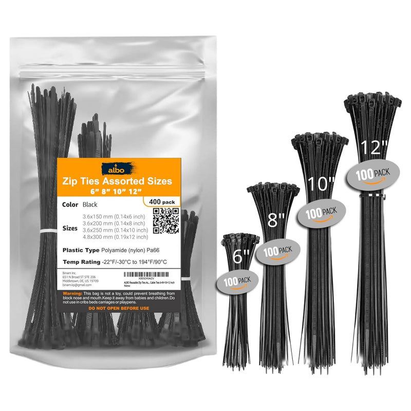 [Australia - AusPower] - ALBO Black Zip Ties Assorted Sizes 400 Pack Plastic Cable Ties 6+8+10+12 inch Wire Tie UV Resistant Nylon Tie Wraps Assorted Sizes Black Assorted Sizes 400 Pack 