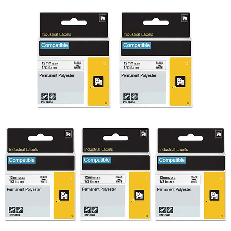 [Australia - AusPower] - 18483 FlyLong Compatible Label Tapes Replacement for DYMO 18483 Permanent Polyester Industrial Label Tapes for DYMO Rhino 4200 5200 5000 6000 LabelWriter Label Maker, 1/2" x 18', Black on White, 5Pack 