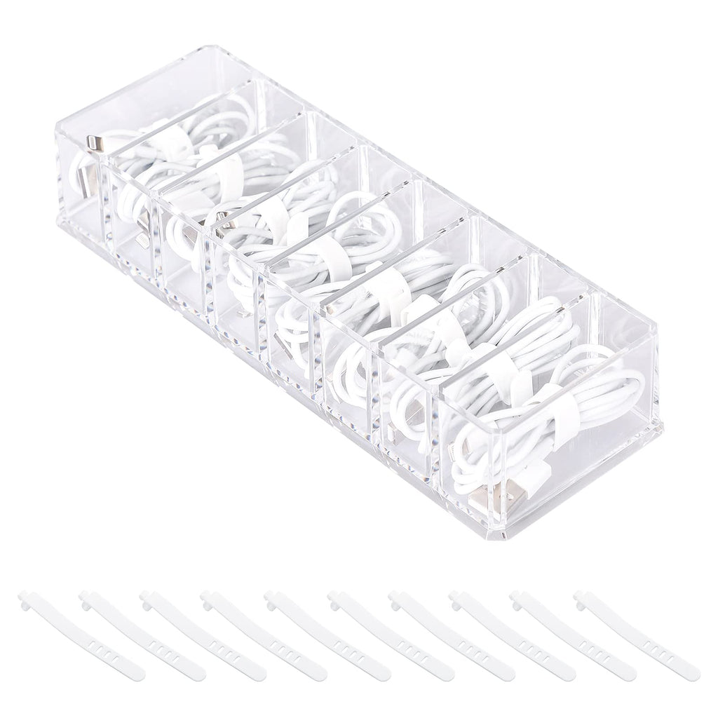 [Australia - AusPower] - Yesesion Plastic Cable Management Box with 10 Wire Ties, Clear Power Cord Organizer with 8 Compartments, Electronics Organizer for Office, Home Use, Desk Accessories Storage for Stationery Supplies 1 Pack 