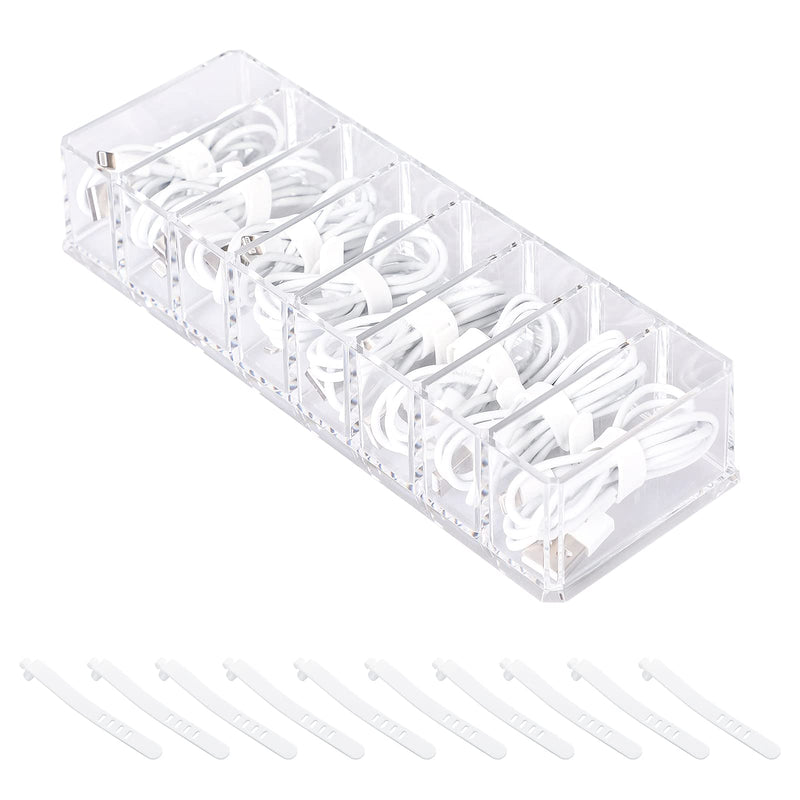 [Australia - AusPower] - Yesesion Plastic Cable Management Box with 10 Wire Ties, Clear Power Cord Organizer with 8 Compartments, Electronics Organizer for Office, Home Use, Desk Accessories Storage for Stationery Supplies 1 Pack 