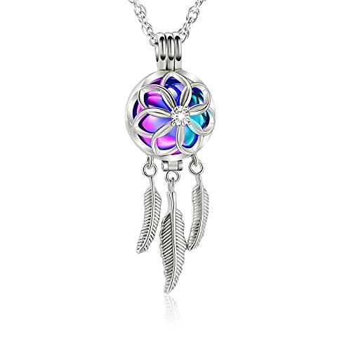 shajwo Cremation Jewelry Dream Catcher Urn Necklaces for Ashes Flower Feather Keepsake Memorial Hollow Pendant for Women Men Rainbow