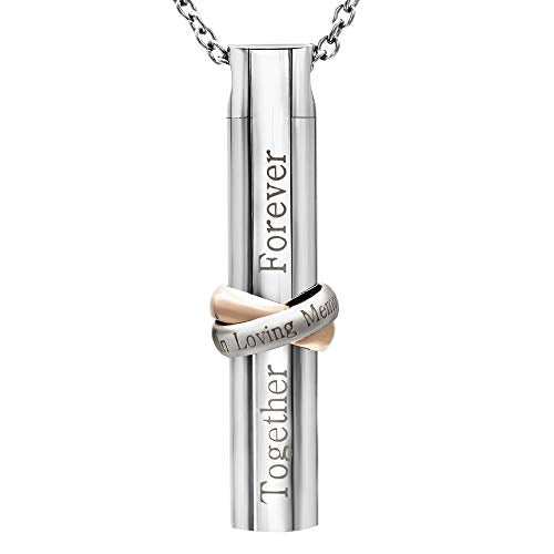 Cylinder Cremation Jewelry for Ashes, Engraved in Loving Memory and Together Forever Memorial Urn Necklace for Women Men Keepsake Pendant Gift Silver