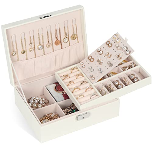 Jewelry Box for Women Girls, 2 Layers Jewelry Organizer Container with Lock, PU Leather Storage Case with Removable Tray, Jewelry Display Box for Necklaces Earrings Bracelets Rings Watches - White