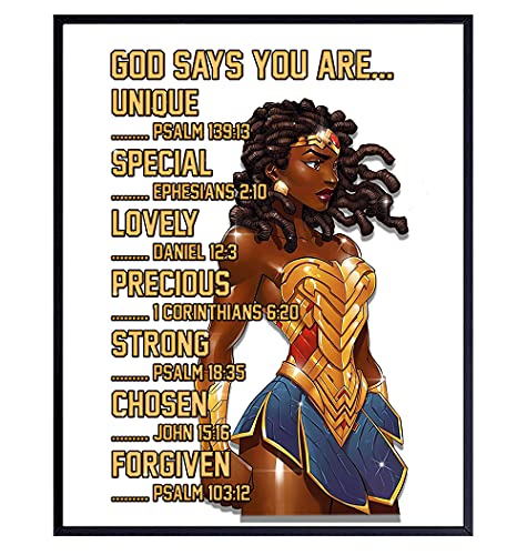 Black Wall Art Woman - African American Women, Girls - God Says You Are Christian Wall Decor - Inspirational Motivational Quotes - Positive Affirmations - Bible Verses - Religious Gifts -8x10 Unframed