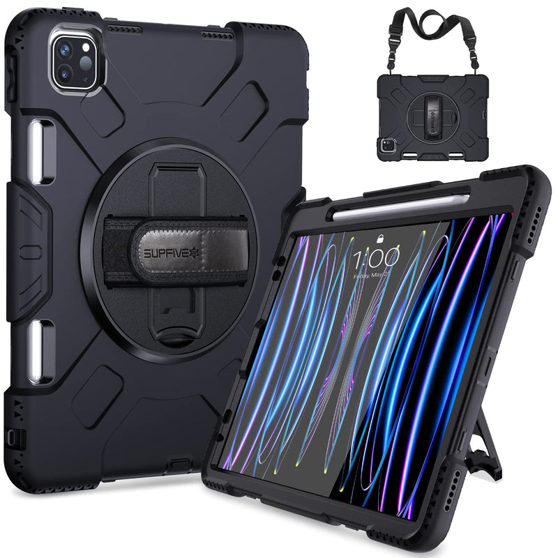 [Australia - AusPower] - SUPFIVES Case for iPad Pro 11 inch (2022/2021/2020), Upgraded Military Grade Shockproof Protector Silicone iPad Pro 11 4th Gen Cover Pencil Holder+ Handle+ Shoulder Strap+ Rotating Kickstand, Black Ipad pro 11 inch 2022/2021/2020/2018 