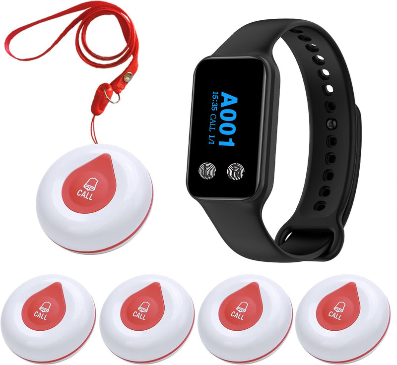 Wireless Calling System Wireless Caregiver Pager Call Button Nurse Alert System with 1 Waterproof Caregiver Watch/5 Call Buttons for Elderly/Patient/Disable at Home 1 watch+5 O1