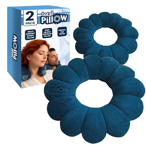 Two blue Total Pillow microbead travel neck and lumbar support pillows, designed for comfort during travel.