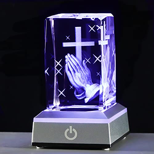 YWHL 3D Crystal Cross Figurine, Praying Hands Religious Gifts for Women Cross in Hand