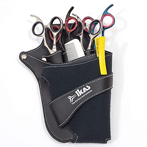 IKAS black PU leather scissor holster with waist and shoulder belt for hairdressers, barbers, and pet groomers