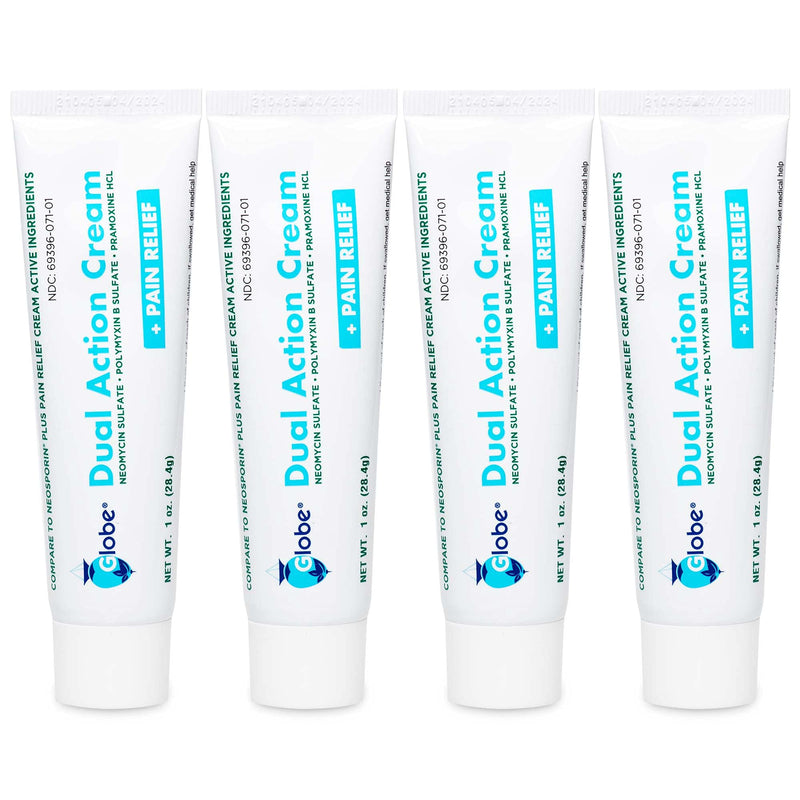 [Australia - AusPower] - (4 Pack) Globe Triple Antibiotic Cream + Pain Relief, Neomycin, Polymyxin B, Pramoxine HCl, Soothes Painful Cuts, Burns and Scrapes, 24 Hour Infection Protection 